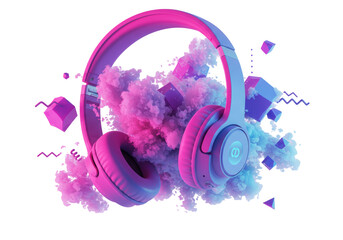 Isolated Neon Headphones with Abstract Smoke