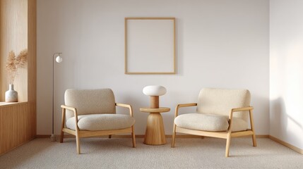 Two light beige armchairs in a minimalist living room.