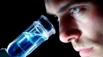 Scientific experiment young researcher analyzing liquid sample in laboratory setting