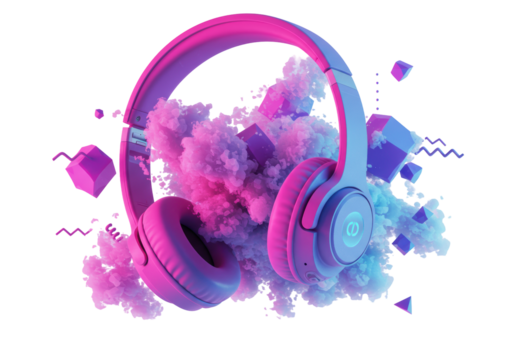 Isolated Neon Headphones with Abstract Smoke
