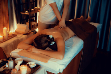 Caucasian woman customer enjoying relaxing anti-stress spa massage and pampering with beauty skin...