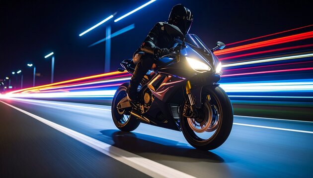 Dynamic night ride with motorcycle leaving light trails on road