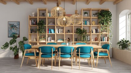 Teal dining room with a wooden bookshelf.