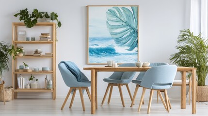 Light-blue dining chairs and a wooden bookcase in a modern dining room.