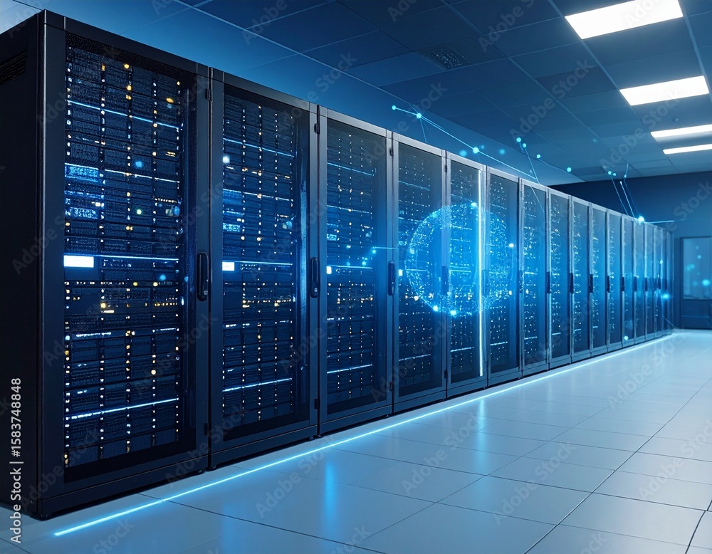 Poster futuristic data center with glowing servers and network connectivity