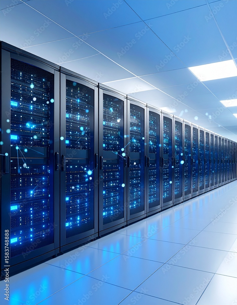 Poster modern data center with illuminated servers and sleek design