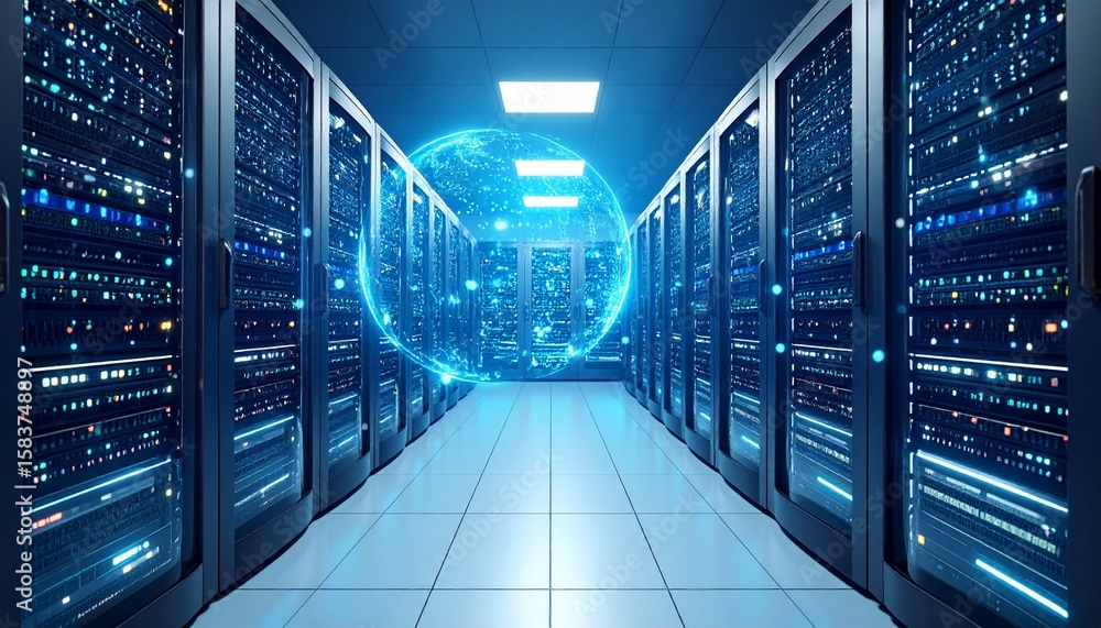 Poster futuristic data center with glowing servers and digital interface