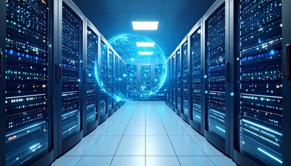 Futuristic data center with glowing servers and digital interface