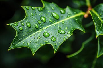 Fototapeta premium Freshly raindropped holly leaf glistens in the lush greenery after a summer rain shower