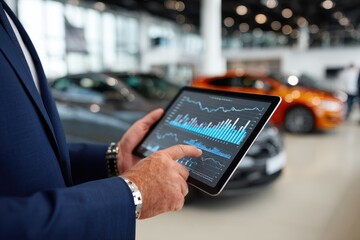 Businessperson reviews financial data on a tablet in a modern automotive showroom while analyzing market trends and vehicle sales performance