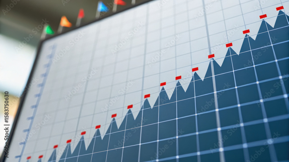 Poster digital graph with colorful flags and red markers shows rising trend, indicating growth or progress.