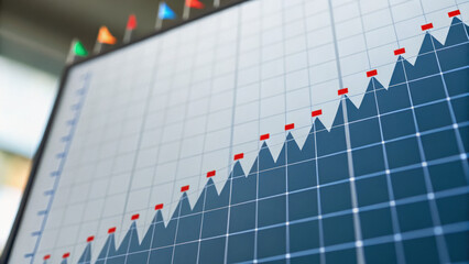 Digital graph with colorful flags and red markers shows rising trend, indicating growth or progress. close up view highlights details of grid and data points