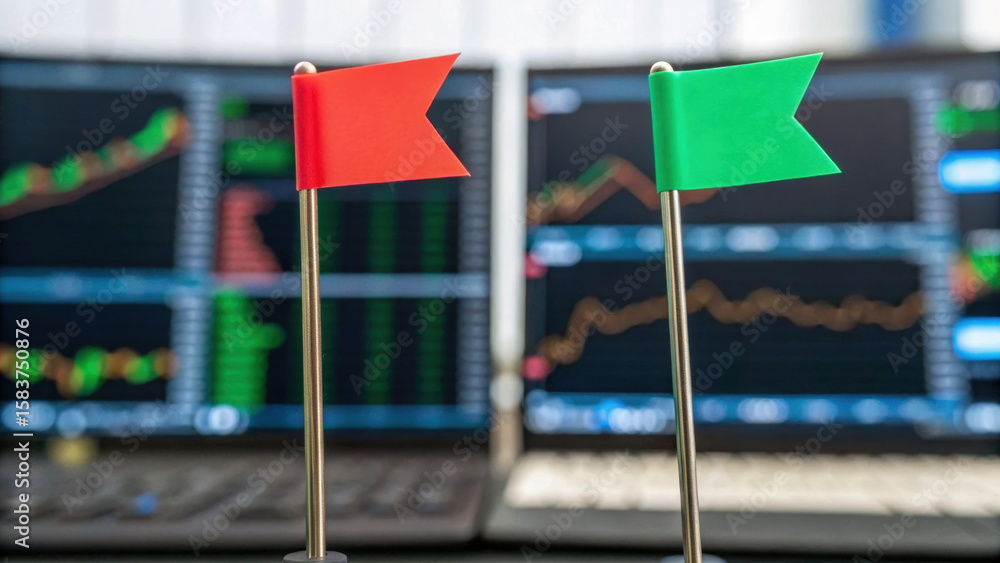 Poster red and green flags on poles in front of computer screens displaying stock market charts, symbolizin