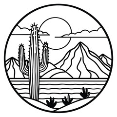 Vector art of desert landscape with cactus and mountains