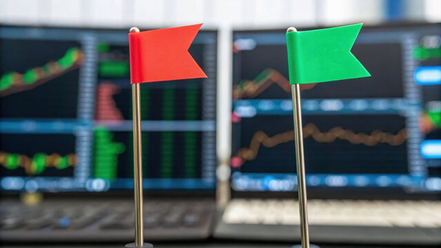 Red and green flags on poles in front of computer screens displaying stock market charts, symbolizing buy and sell signals in trading. background shows blurred financial data