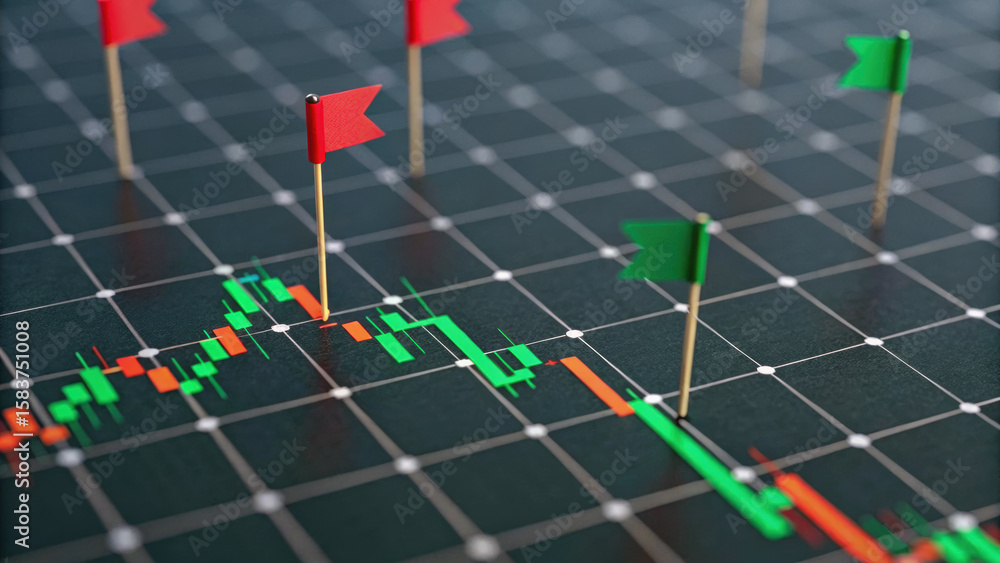 Poster financial graph with red and green flags on grid surface represents market trends and analysis. clos