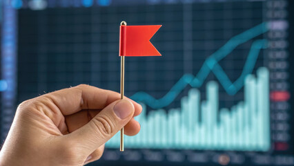 Hand holds small red flag pin in front of fluctuating stock market graph, symbolizing caution or alert in financial investments. background shows blue line graph with bar charts