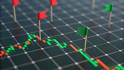 Financial graph with red and green flags on grid surface represents market trends and analysis. close up view highlights data points and fluctuations