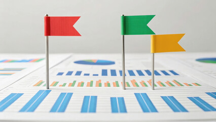Fototapeta premium Colorful flags on financial charts symbolize data analysis and market trends. image conveys sense of strategic planning and business growth