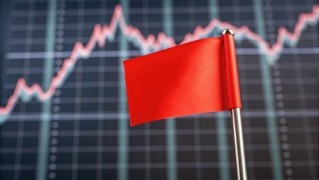 Red flag waves in front of fluctuating stock market graph, symbolizing caution and alertness in financial trading. image conveys sense of warning in economic trends