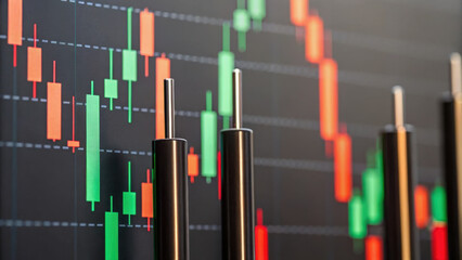 Candlestick chart with green and red bars representing stock market trends, showing financial data analysis. image highlights trading patterns and market fluctuations