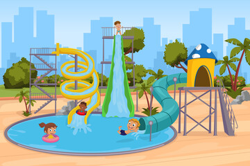 Kids playing on colorful water slides at aqua park