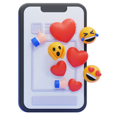 PNG 3D Social Media Reactions on Smartphone Icon Isolated on a White Background