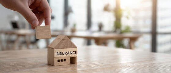 The hand placing insurance block on a wooden house model in an office setting.