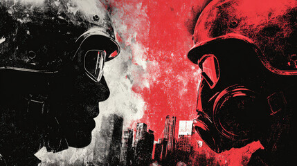 An impactful illustration of a law officer and protester standing face to face in a gritty urban setting. The image symbolizes civil tension, confrontation, and the ongoing dialogue between authority 