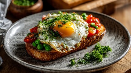 Fried eggs with bacon, herbs, and cheese on a plate