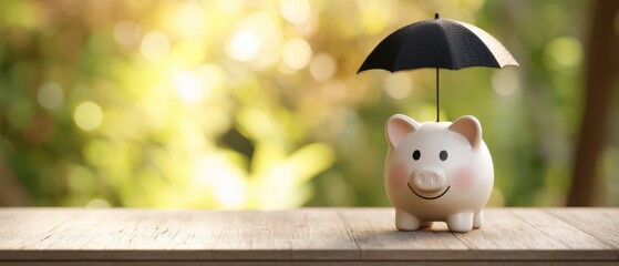 The piggy bank under an umbrella symbolizing financial security and protection.