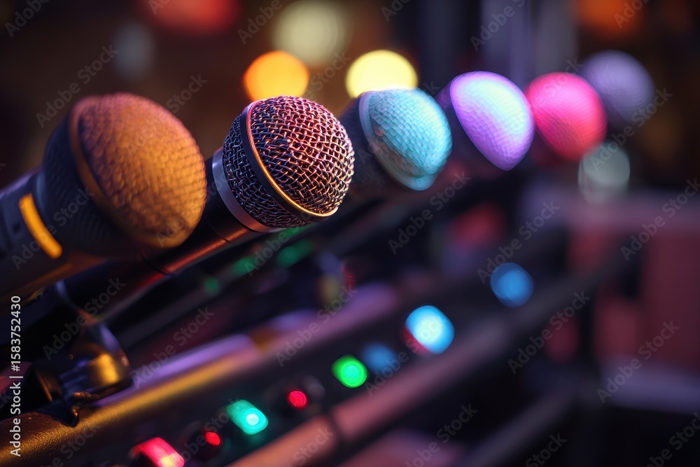 Poster close up of multiple microphones arranged in a vibrant setting ready for an upcoming performance dur
