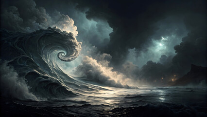 Abstract blue sky with clouds sun and water wave background