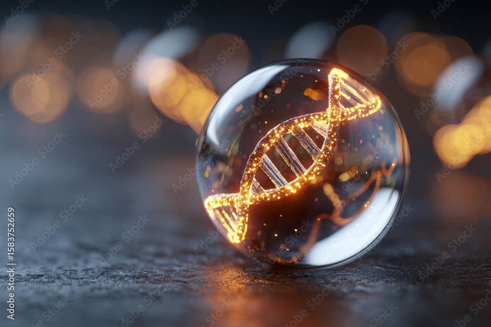 Poster glowing dna helix structure encased in a crystal orb illuminated with warm light in a darkened envir