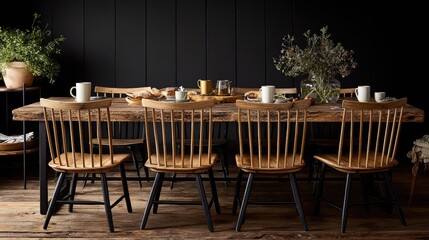 Rustic wooden dining table and chairs in a dark room.