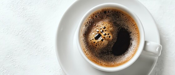 The steaming cup of rich black coffee on a minimalist tabletop.