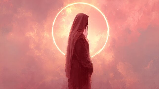 Stylized silhouette of Mary rising to golden circle, minimalist illustration for Assumption of Mary celebration