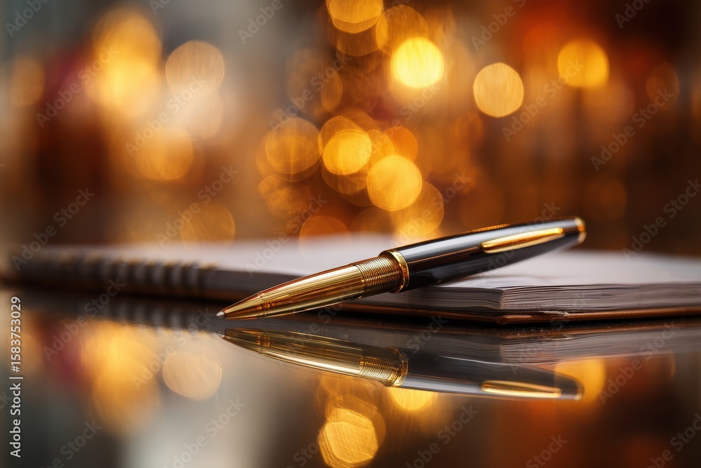 Poster close up of a golden pen resting on an open notebook reflecting warm light in a cozy setting