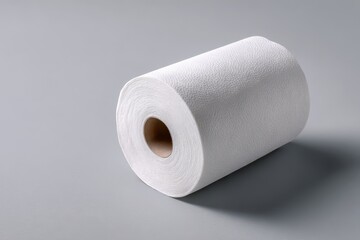 Obraz premium White paper towel roll on neutral gray background for household cleaning and convenience in daily routines