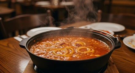 An iron pot of halászlé with hot paprika and onions on a restaurant table