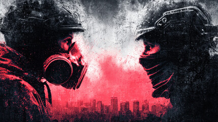 This striking artwork shows a protester confronting a law officer in the heart of a city. The illustration reflects tension, courage, and the struggle for rights in modern society.