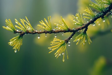 Freshly sprouted green needles glisten with raindrops on a branch in a tranquil forest setting