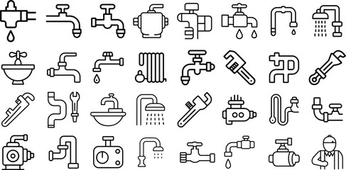Bathroom icon set, bathroom renovation: bathtub, shower head, vanity, mirror, toilet, towel rack, tile more vector illustration