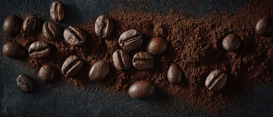 The rich allure of coffee beans and grounds scattered on textured surface.