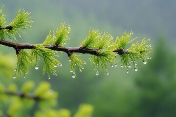 Fresh green pine needles glisten with raindrops in the tranquil forest during early morning