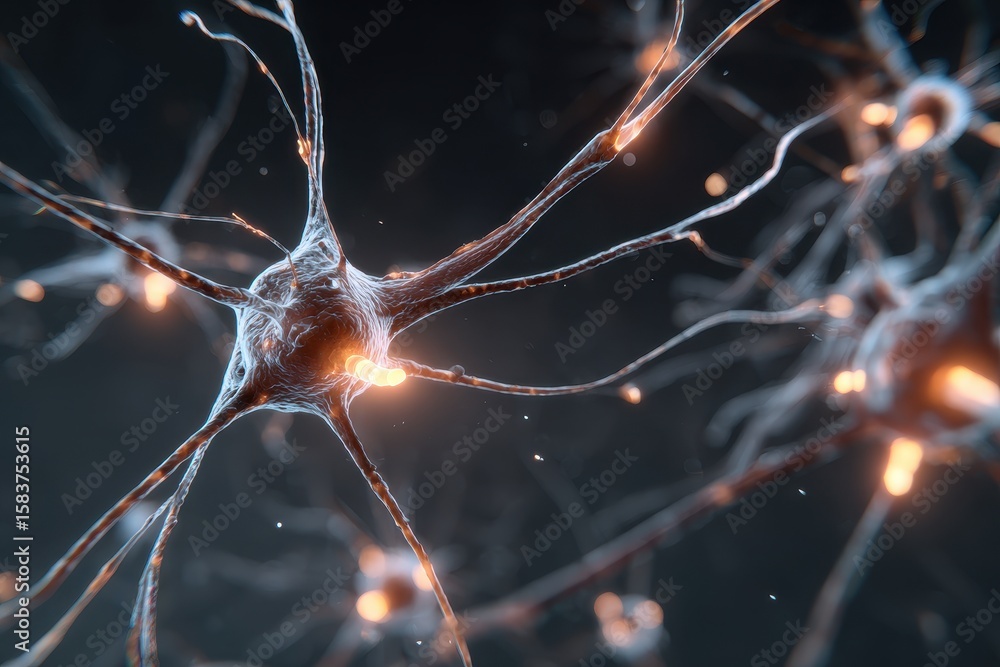 Poster close up view of neuron cells transmitting signals and forming connections in the brain's neural net