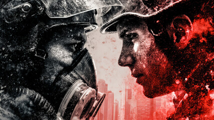 A powerful illustration depicting a police officer and protester standing face to face in an urban setting. The tense moment captures themes of justice, resistance, and civil discourse in public space