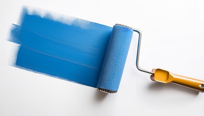 isolated paint roller with blue stripe ready for painting