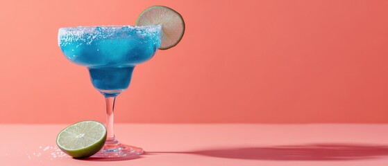 The vibrant blue margarita garnished with lime on a pink background.