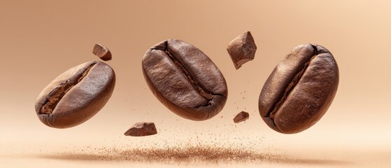 The floating coffee beans surrounded by rich chocolate fragments and dust.